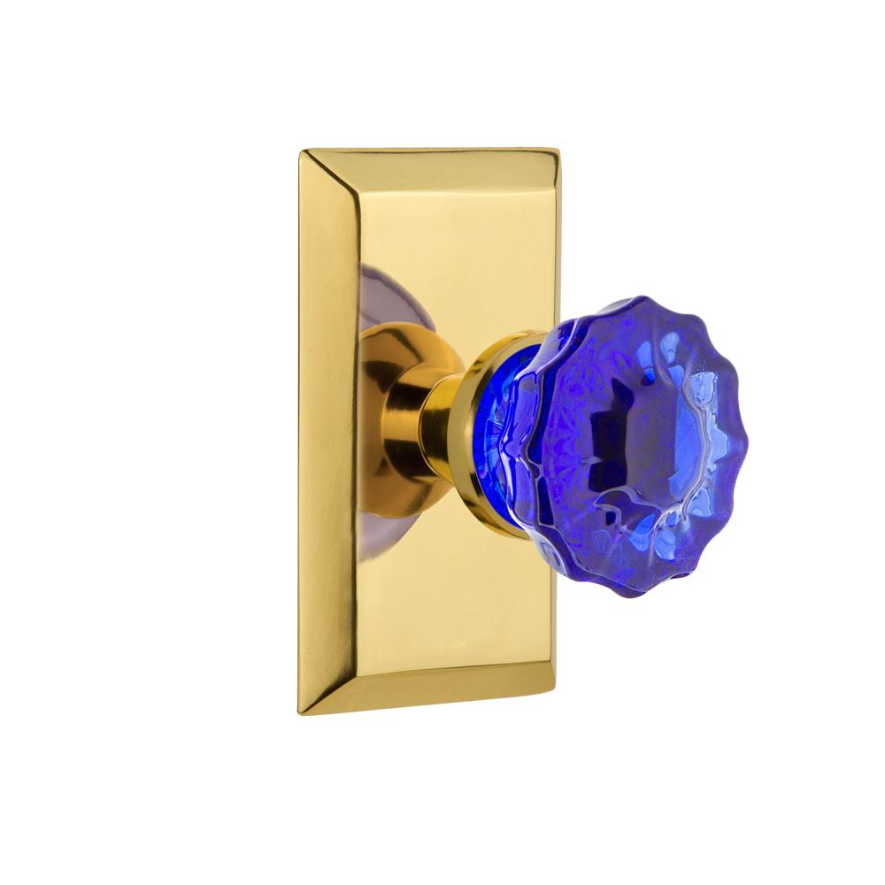 Nostalgic Warehouse STUCRC Colored Crystal Studio Plate Passage Crystal Cobalt Glass Door Knob in Polished Brass